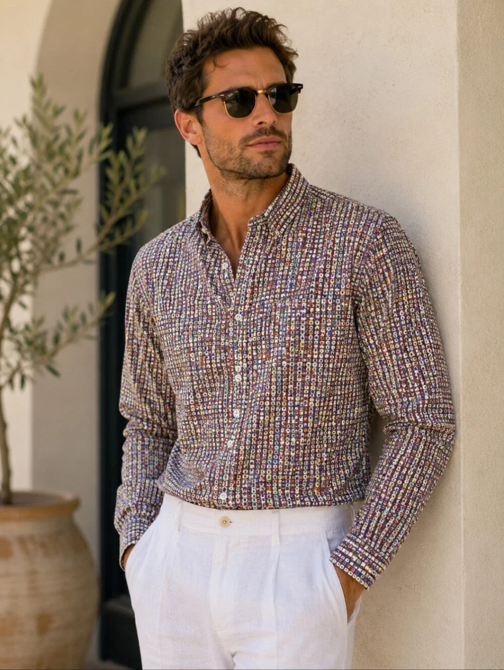 Desigual Multicolor Dot Grid Long-Sleeve Button-Down Cotton Shirt Sz XL